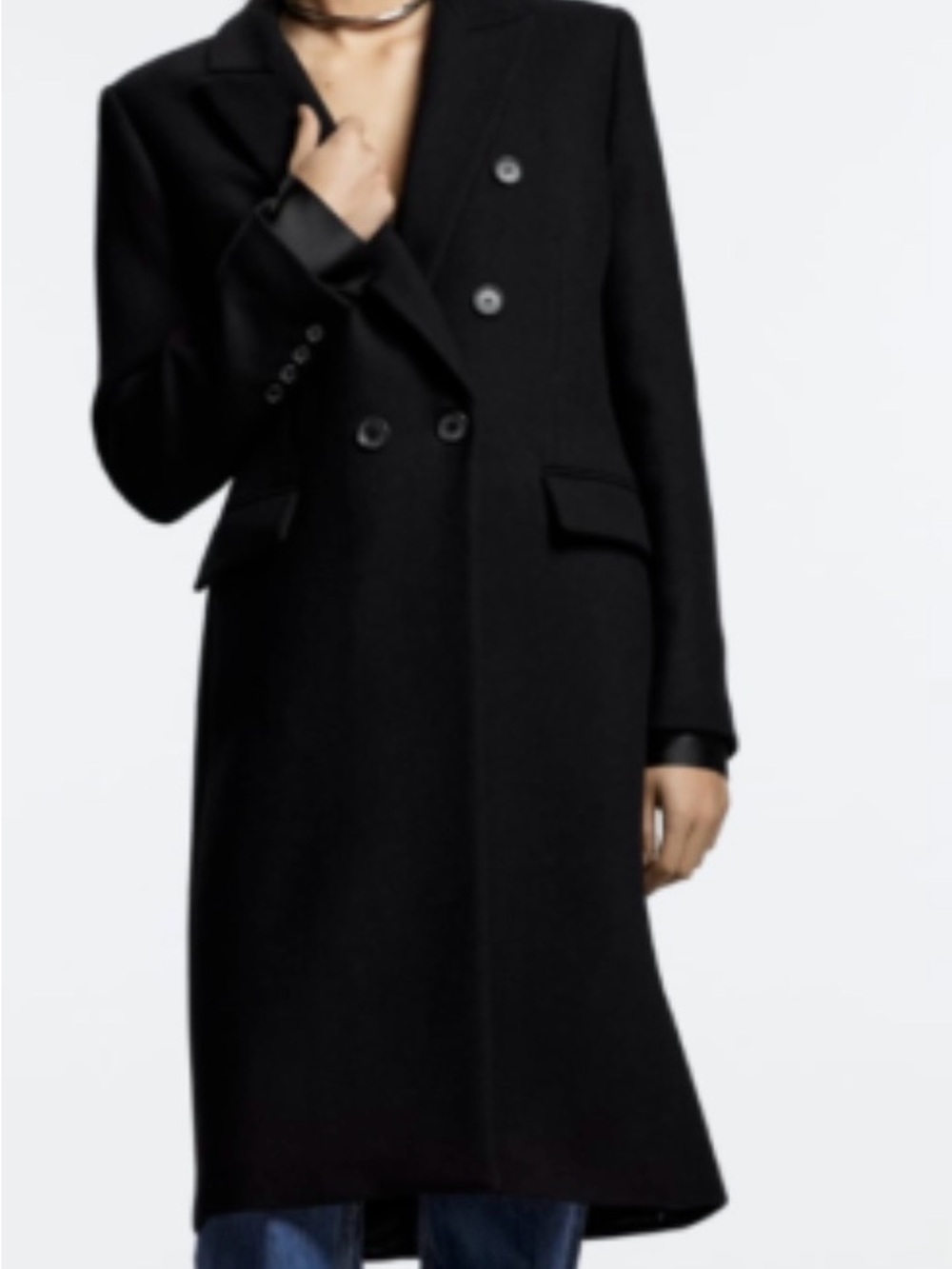 Zara Black Double-Breasted Long Trench Coat